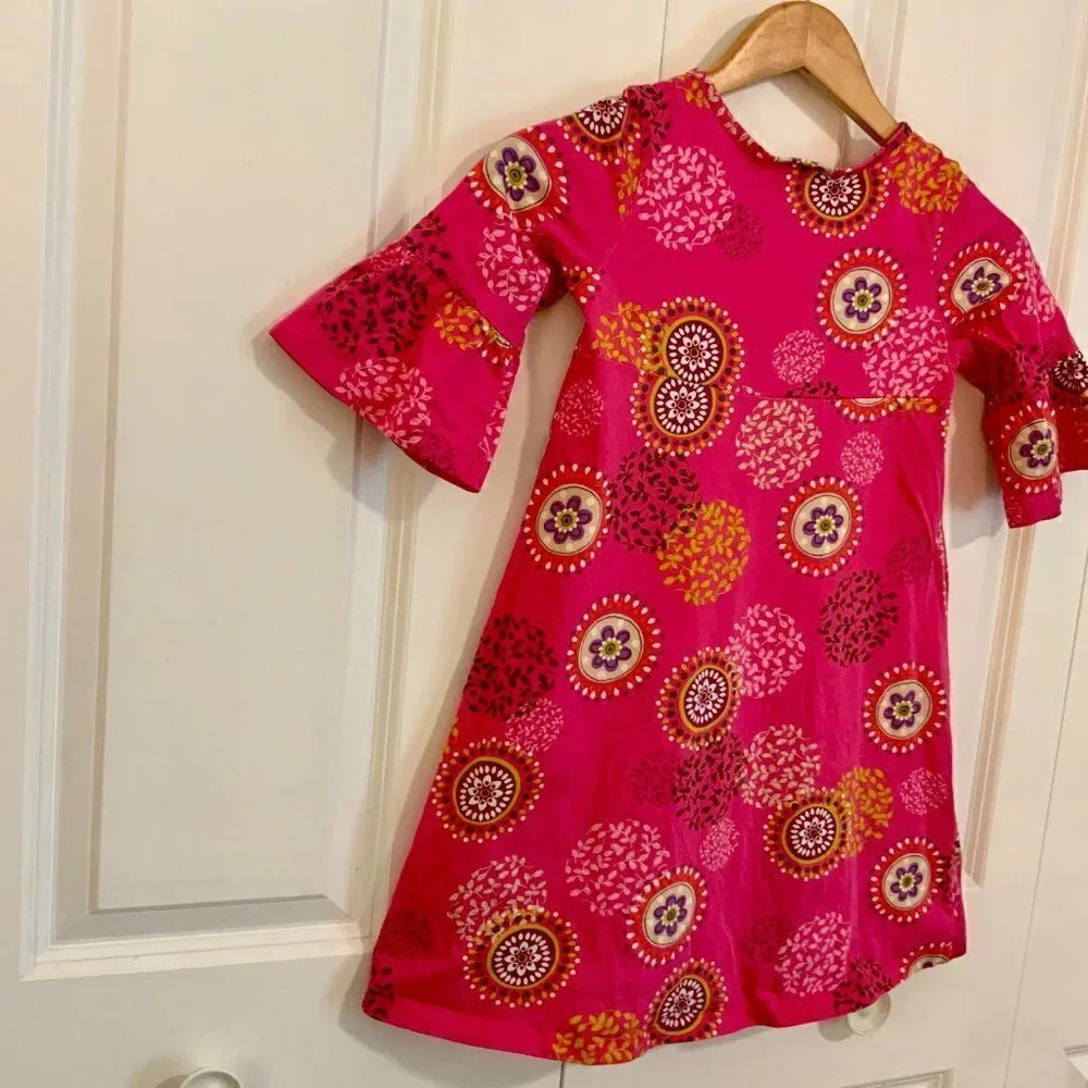 Hanna Andersson Girl’s Pink Medallion Print Bell Sleeve Cotton Dress Size 110 US